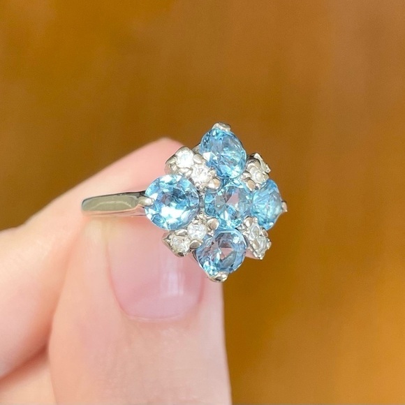 swiss blue topaz diamond flower snowflake 10k solid white gold cluster r… - Picture 6 of 11